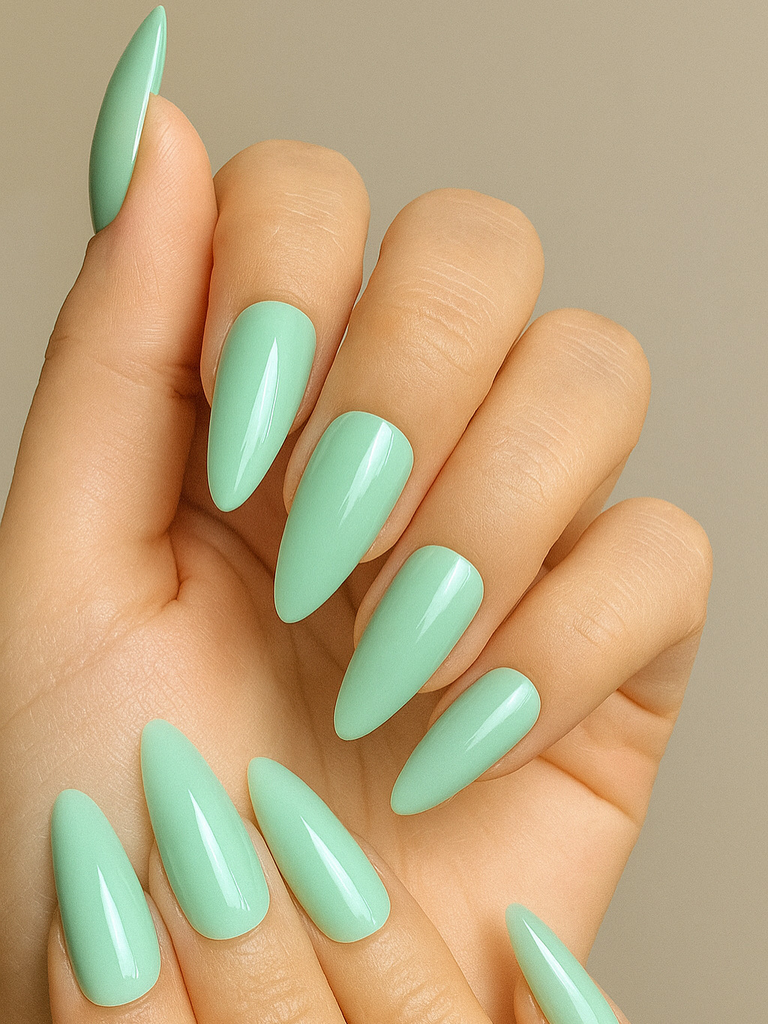 Mint green almond shaped nails